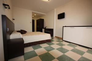 a bedroom with a bed and a large screen at Hotel Bagni Arcobaleno in Deiva Marina