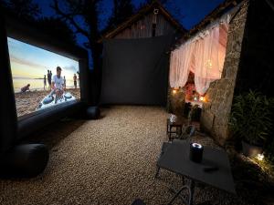 a room with a large screen with a woman on the beach at Domaine VALENQUERCY in Cazillac