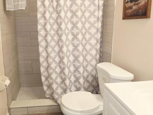 a bathroom with a toilet and a shower curtain at White Door House! in Winter Haven +19 photos