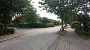 an empty street with trees and a brick sidewalk at "Schöne Auszeit" Ferienwohnung in Wiemersdorf +25 photos