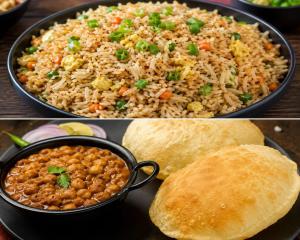 a pan of rice and a bowl of lentils and bread at Hotel ONBellamount Comfort Villa Delhi Airport - Free Airport PickUp & Drop in New Delhi +22 photos
