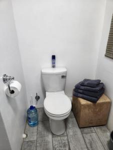 a bathroom with a white toilet and a wooden floor at Lafenis Selfsorg in Jan Kempdorp