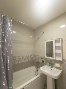 a bathroom with a sink and a bath tub and a sink at Darkhan apartment in Darhan