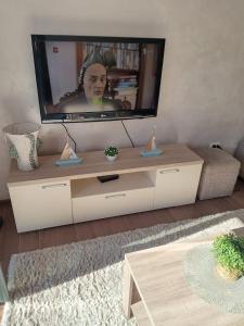 a living room with a television on top of a table at Apart Capital FISA Kamenari in Kamenari