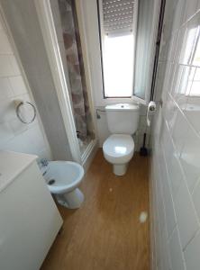 a small bathroom with a toilet and a sink at Enjoy Pirineos in Huesca