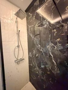 a shower in a bathroom with a black marble wall at Emeraude in Tunis +14 photos