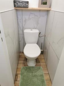 a bathroom with a white toilet with a green rug at La douce Campagne in Flavigny-le-Grand-et-Beaurain