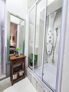 ein Badezimmer mit Dusche, Waschbecken und Spiegel in der Unterkunft Nelheim in Vredenburg