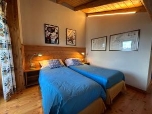 a bedroom with a bed with a blue comforter at Maison Angèle in Saint Nicolas