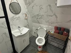 a bathroom with a white toilet and a sink at Laganini house Vinča in Belgrade +8 photos