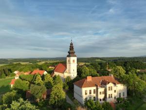 an aerial view of a building with a tower at Vila Mill in Sveti Jurij ob Ščavnici