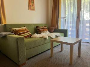 a living room with a green couch and a table at Apartmány Limba in Belá