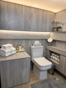 a bathroom with a toilet and a counter with towels at Central Luxury Studio in Chişinău