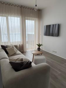 a living room with a couch and a flat screen tv at New Modern Two bedroom Apartment in Hveragerði