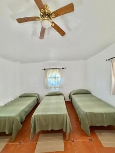 a room with two beds and a ceiling fan at Finca Jaralta de Carmen in La Puebla de los Infantes