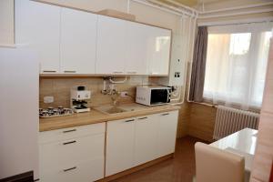 a kitchen with white cabinets and a sink at Molnár Vendégház in Újfehértó