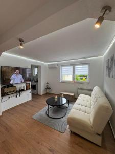 a living room with a couch and a tv at Vila Ziki in Sarajevo