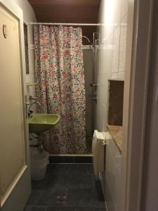 a bathroom with a shower curtain and a sink at Haus Sabine Braunegger in Kaltenbach