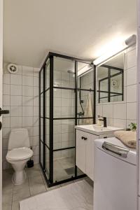 a white bathroom with a toilet and a sink at Koselig leilighet midt i Tønsberg in Tønsberg +8 photos