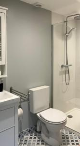 a white bathroom with a toilet and a shower at Le Pavillon in Céroux-Mousty
