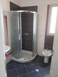 a bathroom with a shower and a toilet at Familja Kapaj in Polisi i Vogël