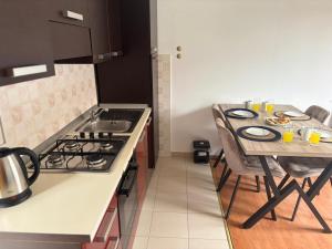 a kitchen with a stove and a table with chairs at Cozy apartment Ivana in Gornji Karin