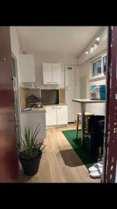 a kitchen with white cabinets and a table with a plant at Un Jacuzzi dans le centre in Bordeaux