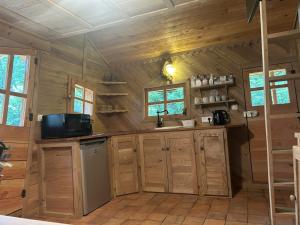 a kitchen in a log cabin with wooden walls at Les Jardins de Valinor in Thénezay