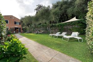 a group of white chairs sitting on a lawn at Casa Due Ulivi in Lavagna