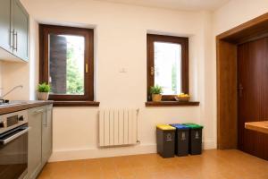 a kitchen with two windows and a radiator at La Dimora del Cadore in Domegge di Cadore