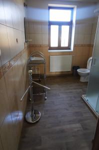 a bathroom with a toilet and a cart in it at Farma Dolní Dvořiště in Dolní Dvořiště