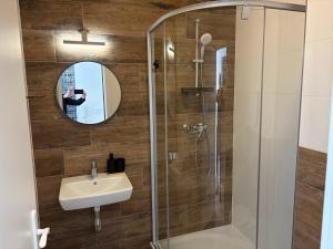 a bathroom with a shower and a sink and a mirror at Apartmány Polná na Šumavě in Svíba +12 photos