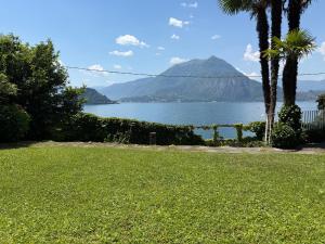 a lawn with a view of a lake and mountains at Villa 64 in Fiumelatte