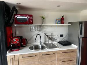 a small kitchen with a sink and a microwave at Studio Natalie in Marina di Massa