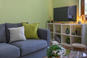 a living room with a blue couch and a tv at Szent Margit Apartman in Veszprém