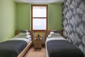 two twin beds in a room with a window at Szent Margit Apartman in Veszprém