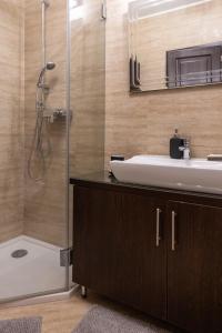 a bathroom with a sink and a shower at Szent Margit Apartman in Veszprém +20 photos