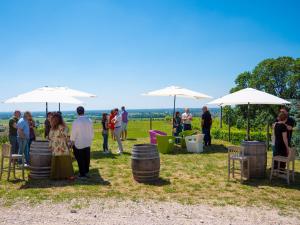 a group of people standing around barrels and umbrellas at Oasi Picolit in Povoletto