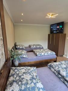 a room with four beds and a tv on the wall at Apartament dla 7 osób in Głogów