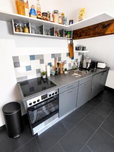 a kitchen with a stove and a sink at Old Farmhouse Loft near Vaduz in Sevelen +7 photos