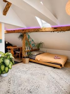 a bedroom with a bed in a attic at Old Farmhouse Loft near Vaduz in Sevelen