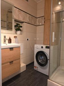 a bathroom with a washing machine and a sink at Apartament dla 7 osób in Głogów