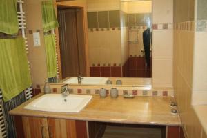 a bathroom with a sink and a large mirror at Nóra Wellness nyaraló in Ábrahámhegy +14 photos