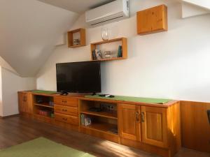 a large entertainment center with a flat screen tv at Nóra Wellness nyaraló in Ábrahámhegy