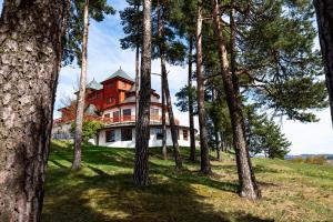 a house in the middle of a forest of trees at Hotel VÍTKOVA HORA in Karlovy Vary