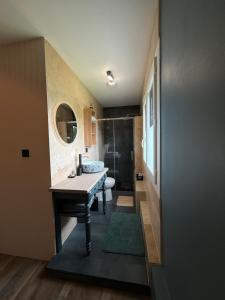 a bathroom with a sink and a toilet and a shower at La rose Poncet in Gardegan-et-Tourtirac