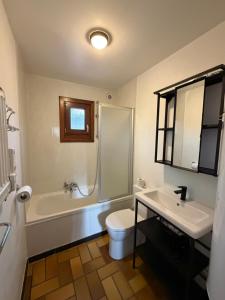 a bathroom with a toilet and a tub and a sink at Cabana 16 in Petit Mesnil +23 photos