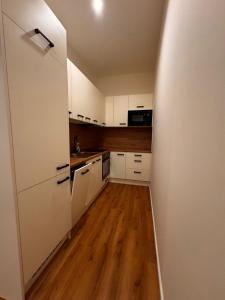 a kitchen with white cabinets and a wooden floor at Apartmán v komplexu Meridiem in Komárov