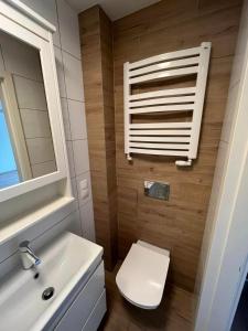 a bathroom with a toilet and a sink and a window at Przystań Kamień Centrum in Kamień Pomorski