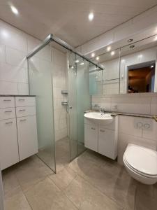 a bathroom with a shower and a toilet and a sink at Viktoria B19 by Arosa Holiday in Arosa